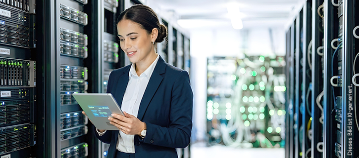 Eine Frau arbeitet in einem Serverraum an einem Tablet.