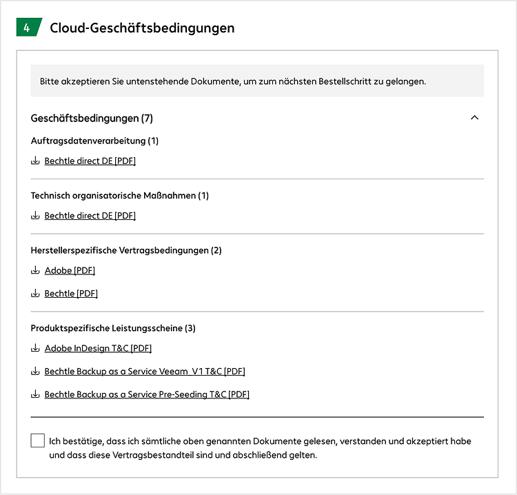 Checkout Schritt 4: Cloud-Geschäftsbedingungen