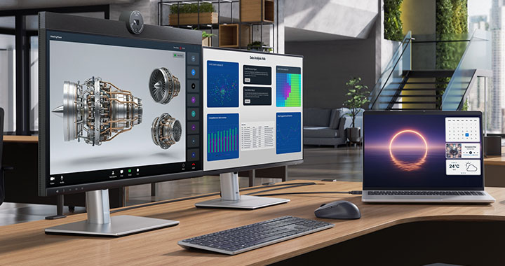 Modern workspace with multiple Dell screens displaying technical data and 3D engine model in open office environment