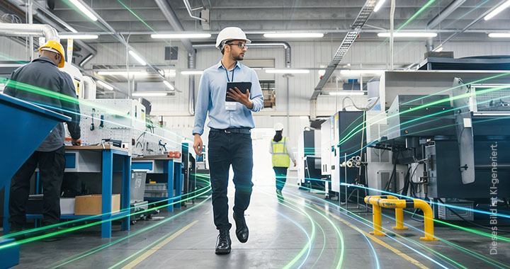 Ein Mitarbeiter geht mit einem Tablet in der Hand durch den Produktionsbereich
