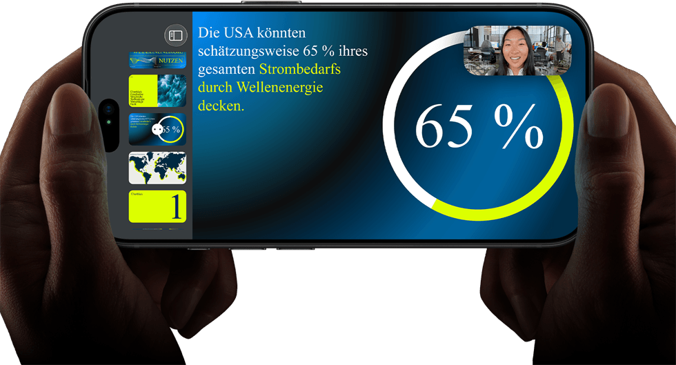 Person hält Smartphone mit Videokonferenz und Infografik zur Deckung des Strombedarfs durch Wellenenergie