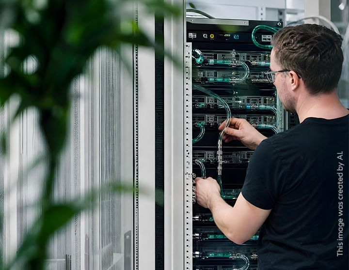 A man in a black shirt is fixing a server