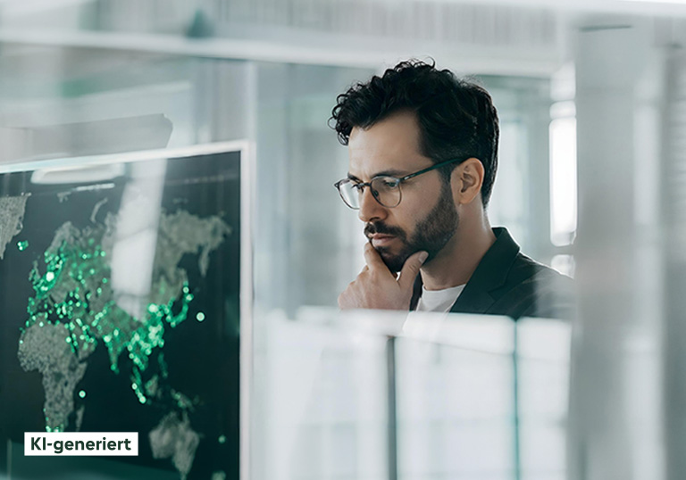 Mann in moderner Arbeitsumgebung analysiert digitale Daten auf großem Bildschirm