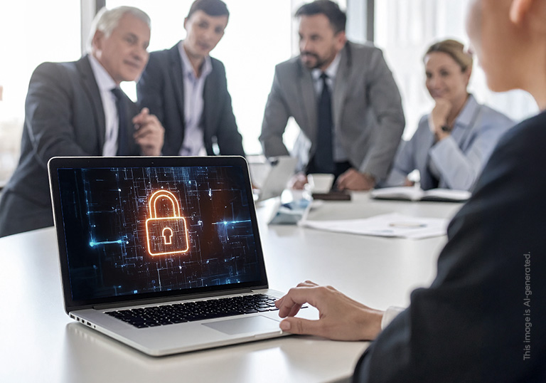 meeting with laptop and security lock at the screen