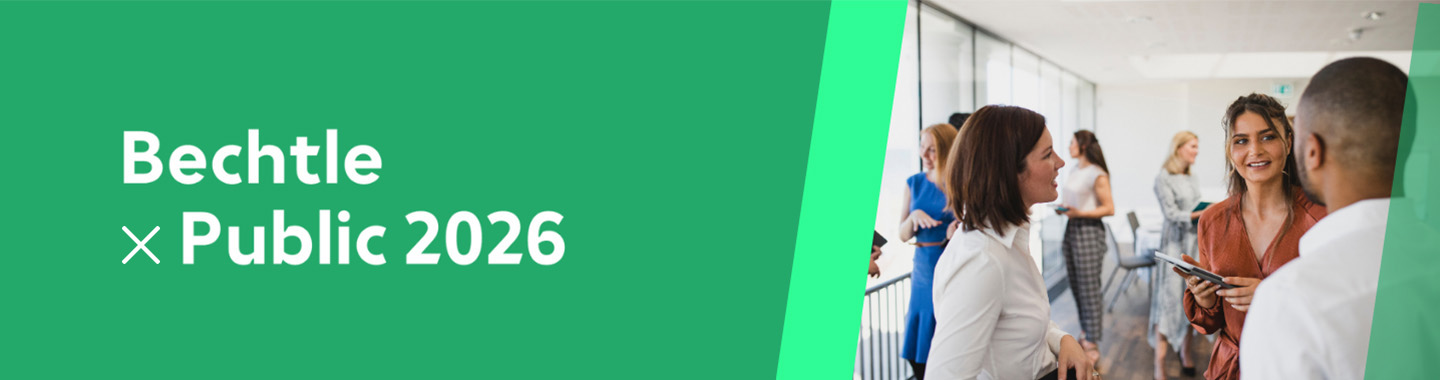 Banner for Bechtle x Public Event showing the title of the event on a green background. t features a picture of businesspeople talking to one another.