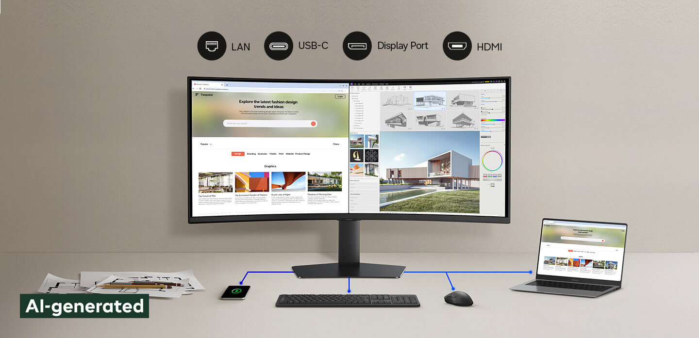 Samsung Monitor with Keyboard, Mouse, and Laptop