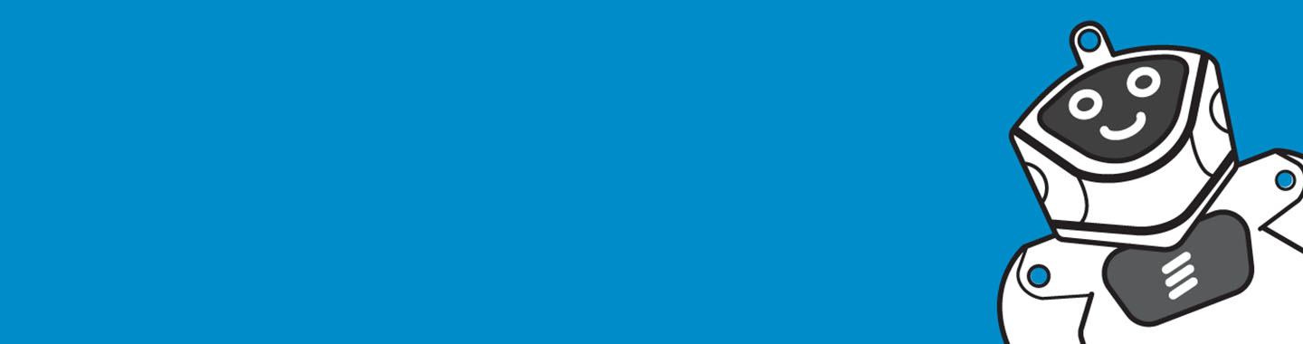 Blue banner with a white robot illustration on the right side.