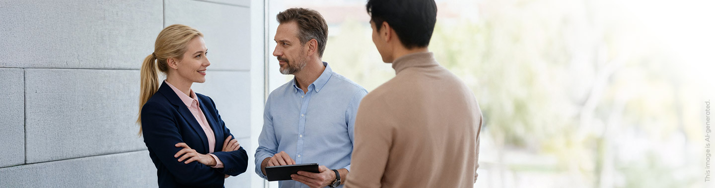 a woman and two men talking