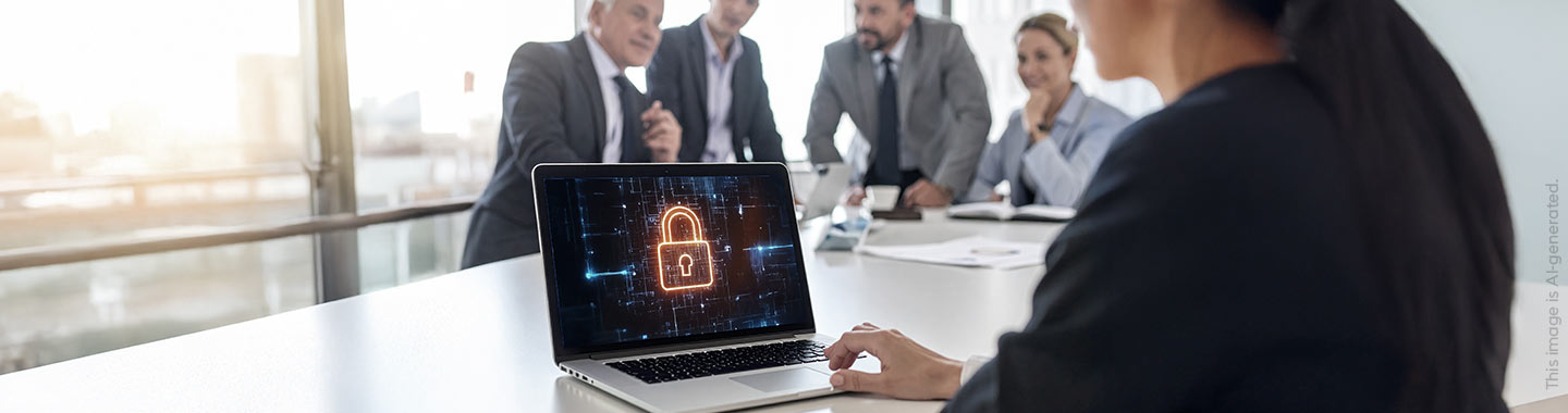 team meeting with laptop showing EU Flag and a security lock