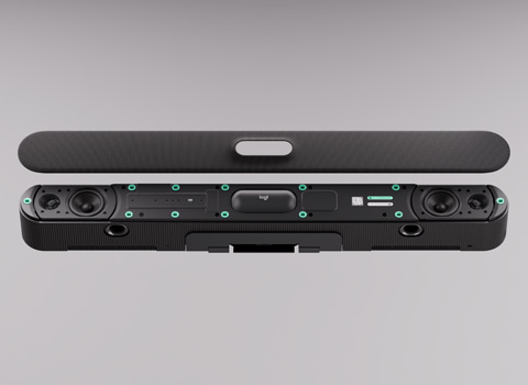 Schwarze Soundbar mit abnehmbarem Stoffbezug und sichtbaren Lautsprechern sowie Bedienelementen für Heimkino und Musik