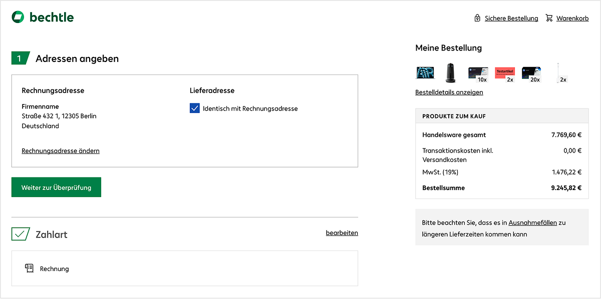 Checkout Seitenaufbau mit Navigationsbereich links und Bestellbereich rechts
