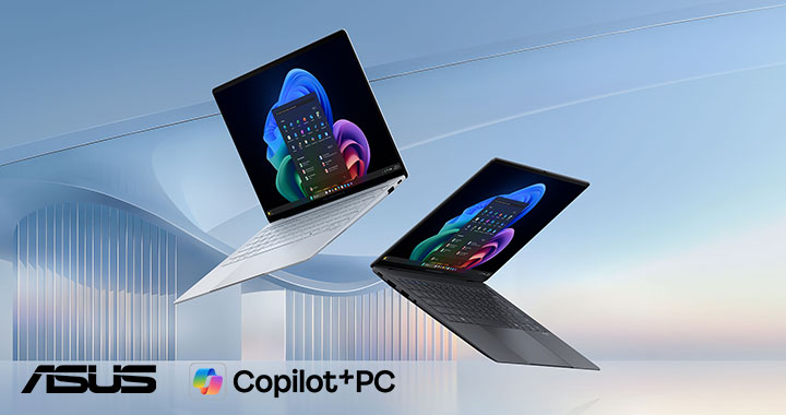 Two sleek ASUS laptops with Windows operating system floating in front of futuristic architecture and clear sky