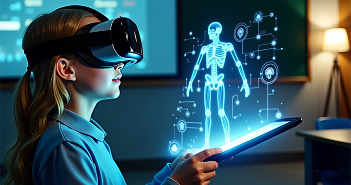 A little girl studying with AR glasses