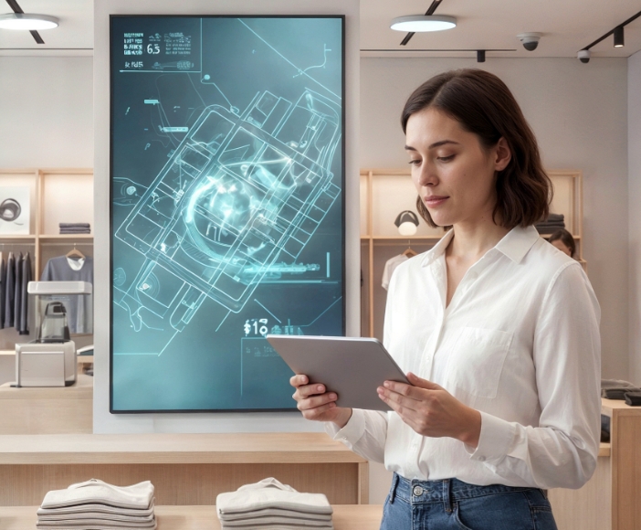 Mitarbeiterin mit Tablet vor großem digitalen Screen im Geschäft