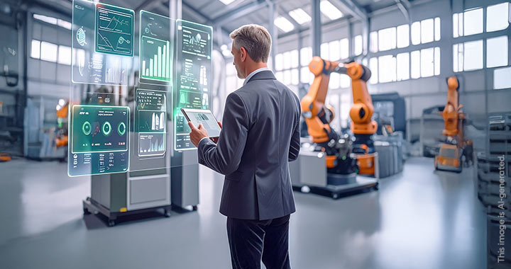 a man standing in a production hall and using IoT